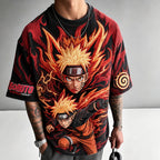 Unisex Oversized Anime-Print Vertical-Stripe Short-Sleeve T-Shirt