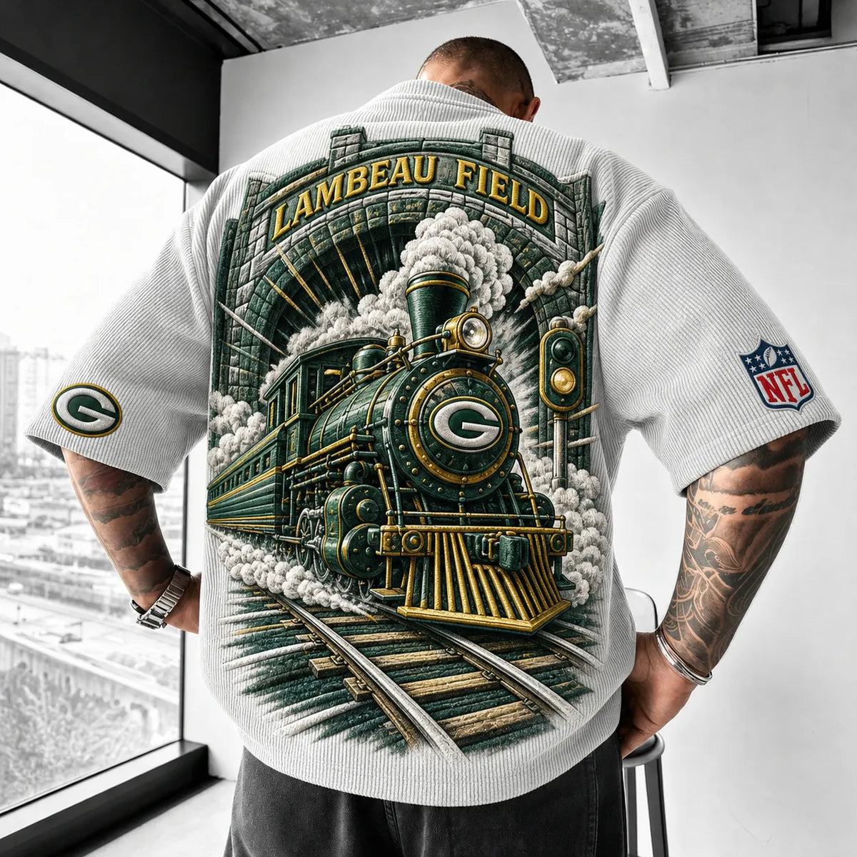 Unisex Loose-Fit Vertical-Stripe Short-Sleeve T-Shirt With Rugby Print