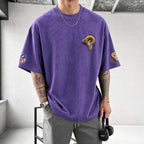 Unisex Loose-Fit Vertical-Stripe Short-Sleeve T-Shirt With Rugby Print