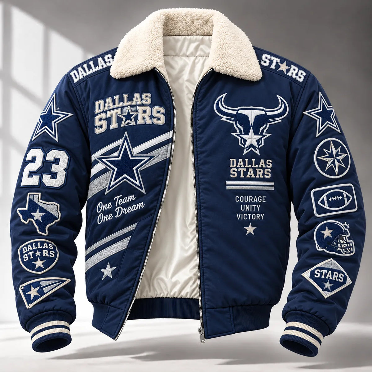 Men's Navy Blue Sherpa Collar Bomber Jacket With Patches