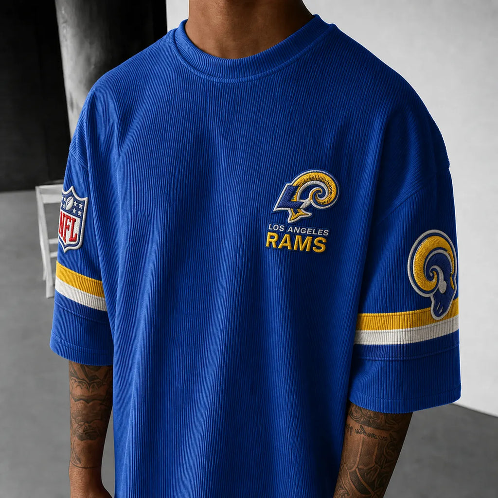 Unisex Loose-Fit Vertical-Stripe Short-Sleeve T-Shirt With Rugby Print