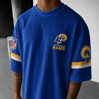 Unisex Loose-Fit Vertical-Stripe Short-Sleeve T-Shirt With Rugby Print