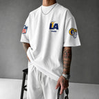 Unisex Loose-Fit Vertical-Stripe Short-Sleeve T-Shirt With Rugby Print