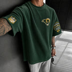 Unisex Loose-Fit Vertical-Stripe Short-Sleeve T-Shirt With Rugby Print