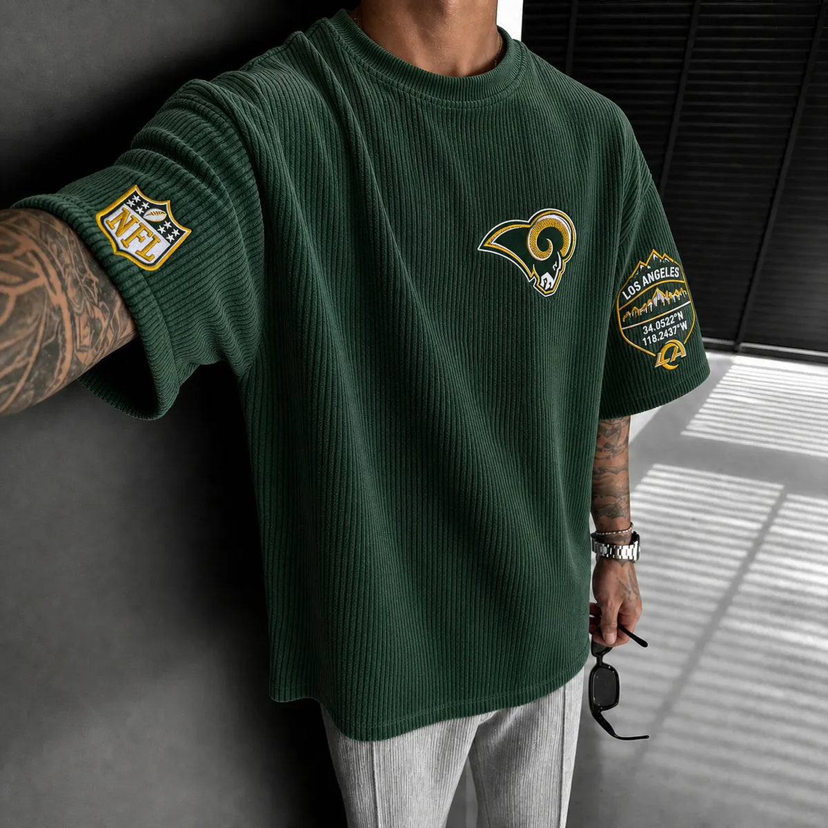 Unisex Loose-Fit Vertical-Stripe Short-Sleeve T-Shirt With Rugby Print