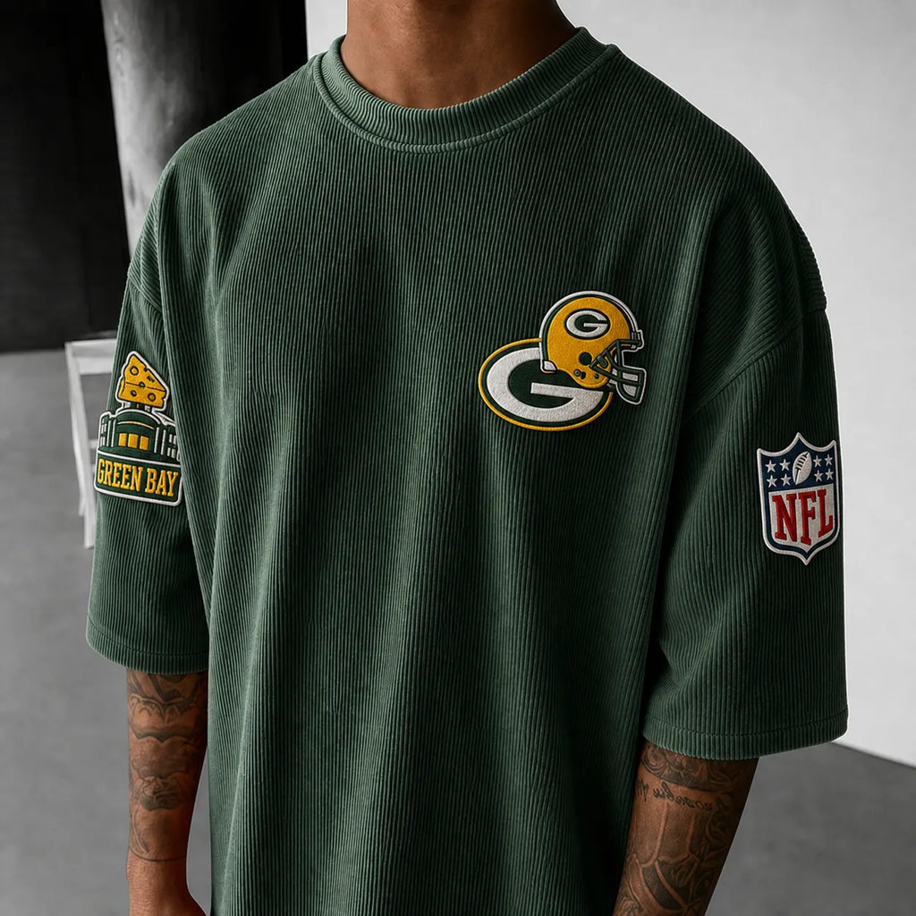 Unisex Loose-Fit Vertical-Stripe Short-Sleeve T-Shirt With Rugby Print
