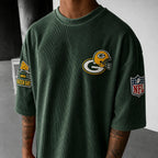 Unisex Loose-Fit Vertical-Stripe Short-Sleeve T-Shirt With Rugby Print