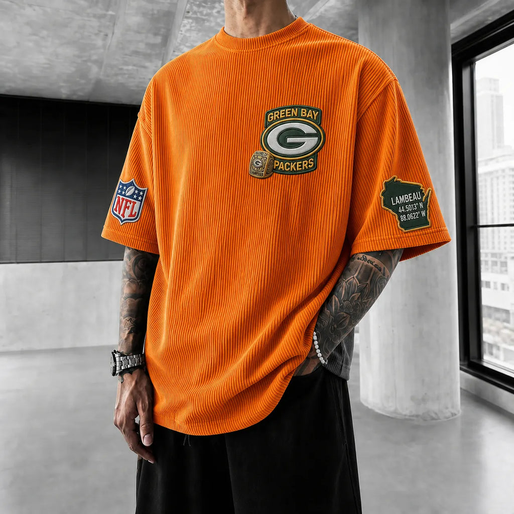 Unisex Loose-Fit Vertical-Stripe Short-Sleeve T-Shirt With Rugby Print