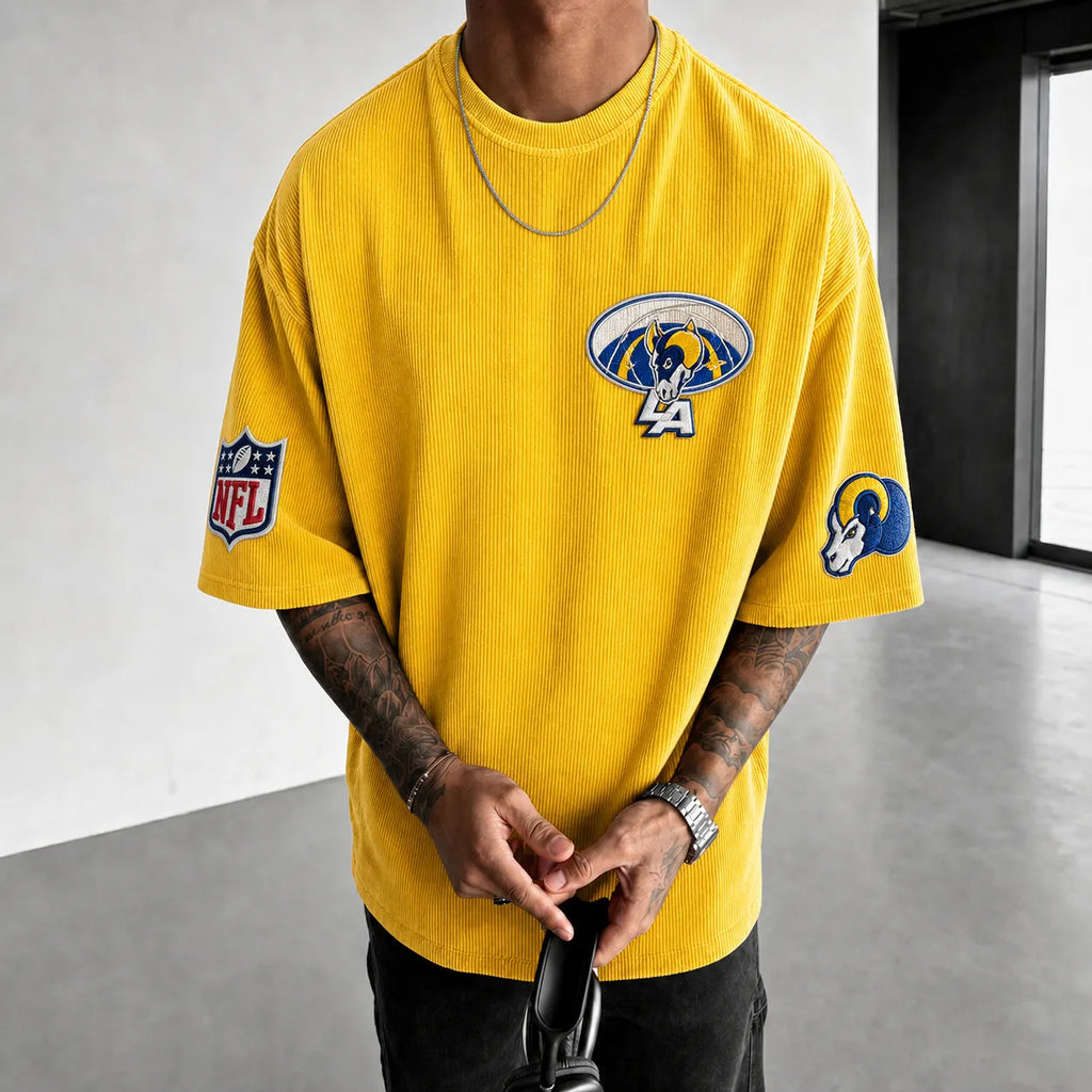 Unisex Loose-Fit Vertical-Stripe Short-Sleeve T-Shirt With Rugby Print