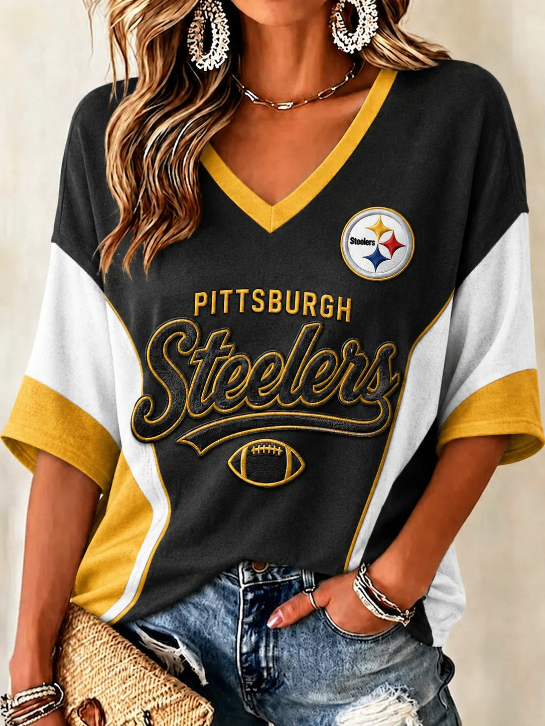 Women's Casual Football V-Neck Shirt