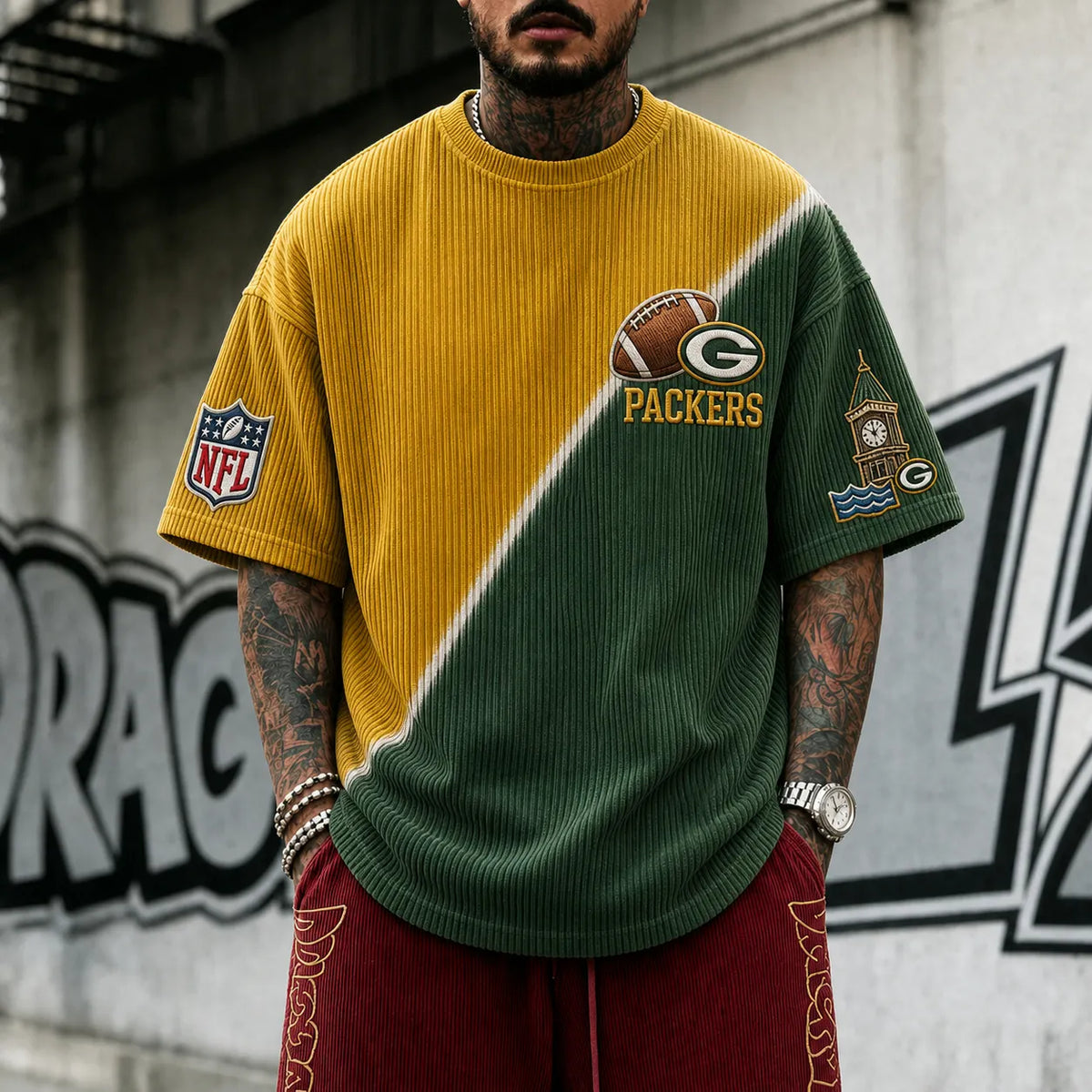 Unisex Loose-Fit Vertical-Stripe Short-Sleeve T-Shirt With Rugby Print