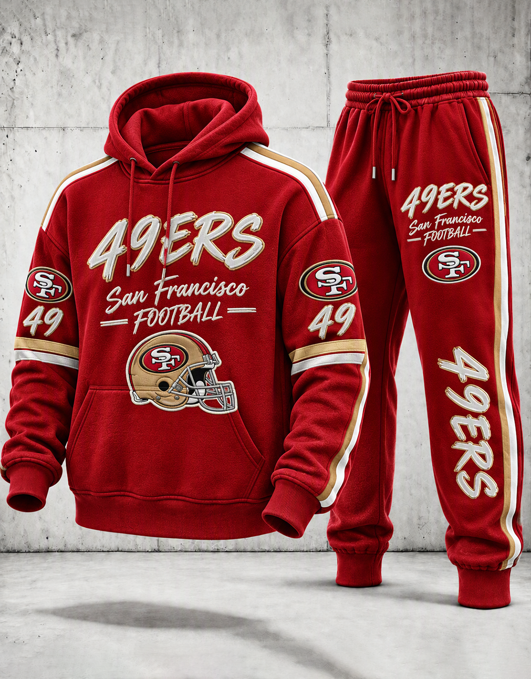 Men's Cream And Red Colorblock Lettering Embroidered Hoodie And Sweatpants Set