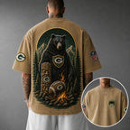 Unisex Loose-Fit Vertical-Stripe Short-Sleeve T-Shirt With Rugby Print