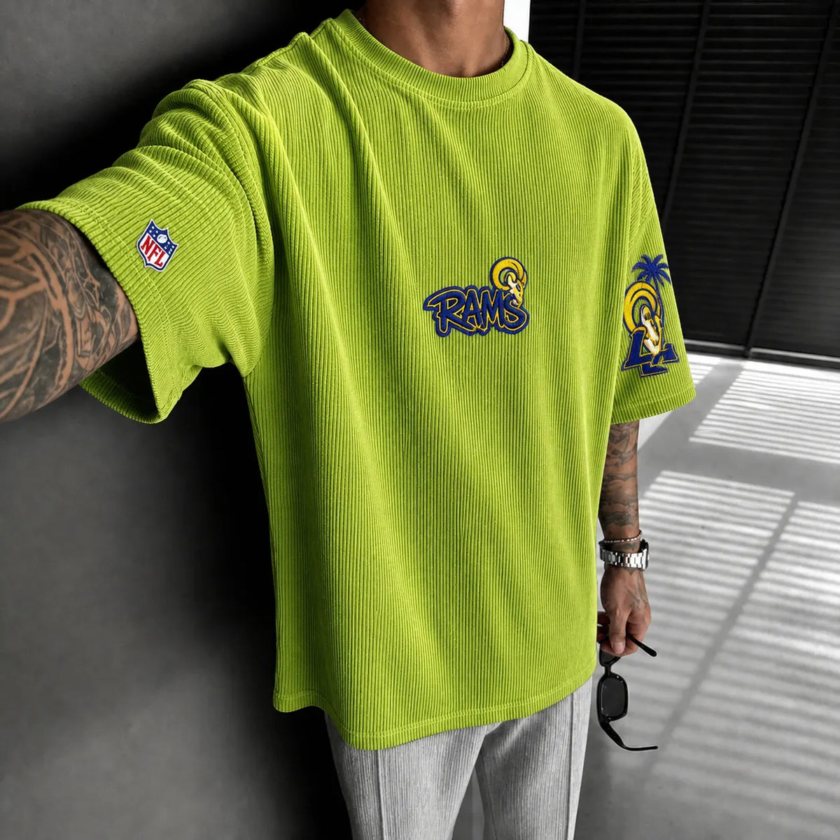 Unisex Loose-Fit Vertical-Stripe Short-Sleeve T-Shirt With Rugby Print