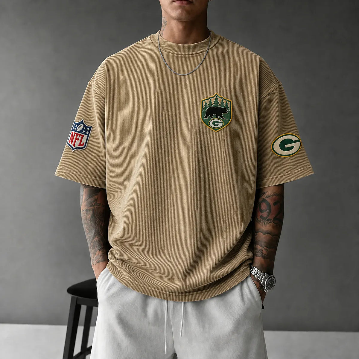 Unisex Loose-Fit Vertical-Stripe Short-Sleeve T-Shirt With Rugby Print