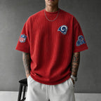 Unisex Loose-Fit Vertical-Stripe Short-Sleeve T-Shirt With Rugby Print