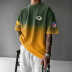 Unisex Loose-Fit Vertical-Stripe Short-Sleeve T-Shirt With Rugby Print