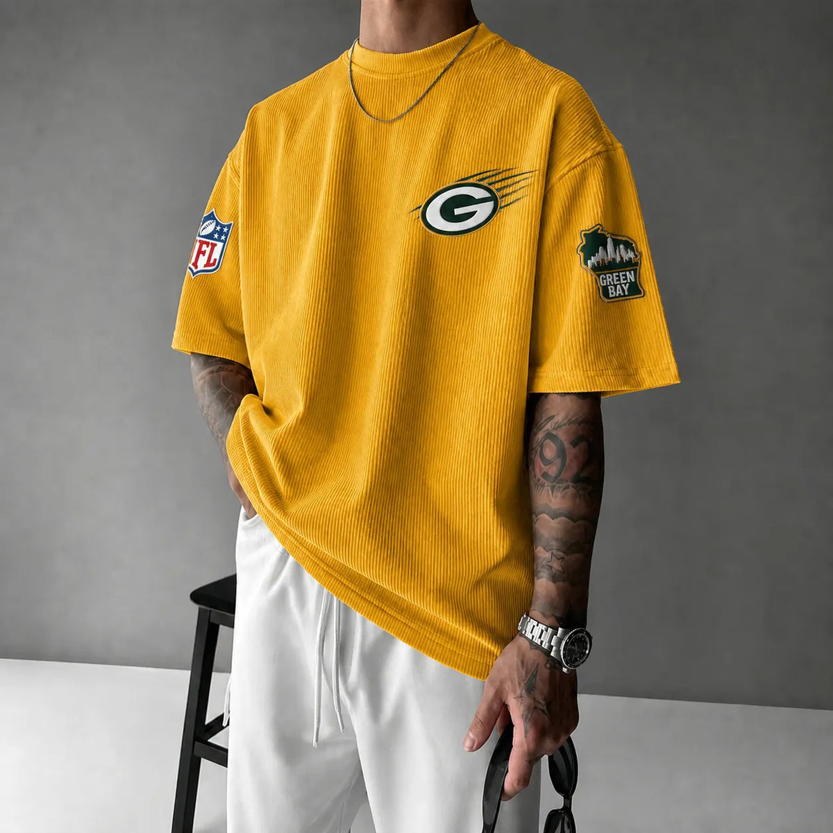 Unisex Loose-Fit Vertical-Stripe Short-Sleeve T-Shirt With Rugby Print