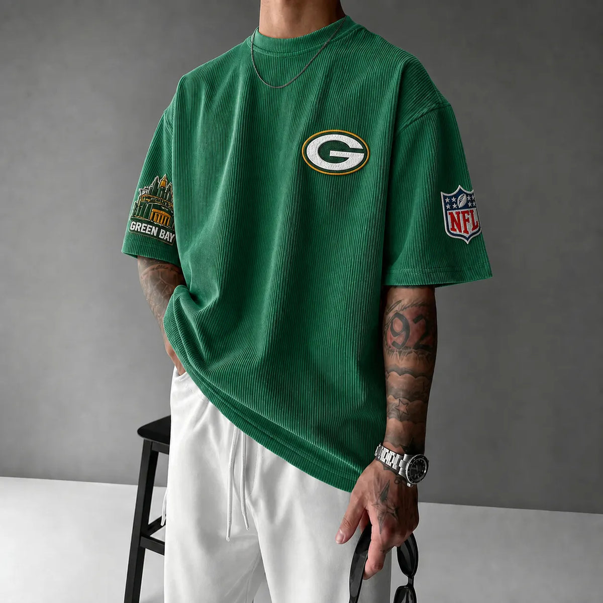 Unisex Loose-Fit Vertical-Stripe Short-Sleeve T-Shirt With Rugby Print