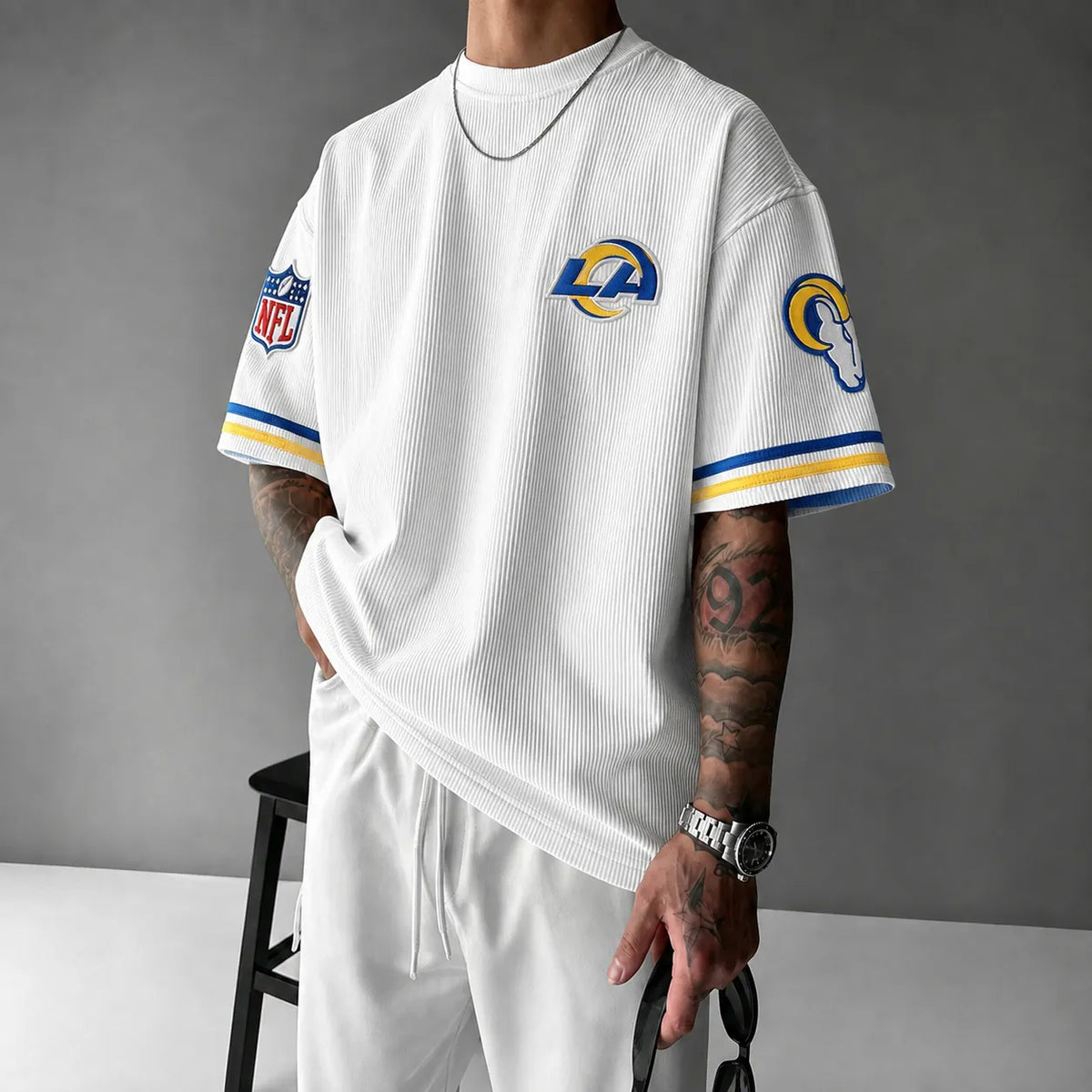 Unisex Loose-Fit Vertical-Stripe Short-Sleeve T-Shirt With Rugby Print
