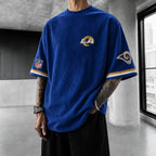 Unisex Loose-Fit Vertical-Stripe Short-Sleeve T-Shirt With Rugby Print