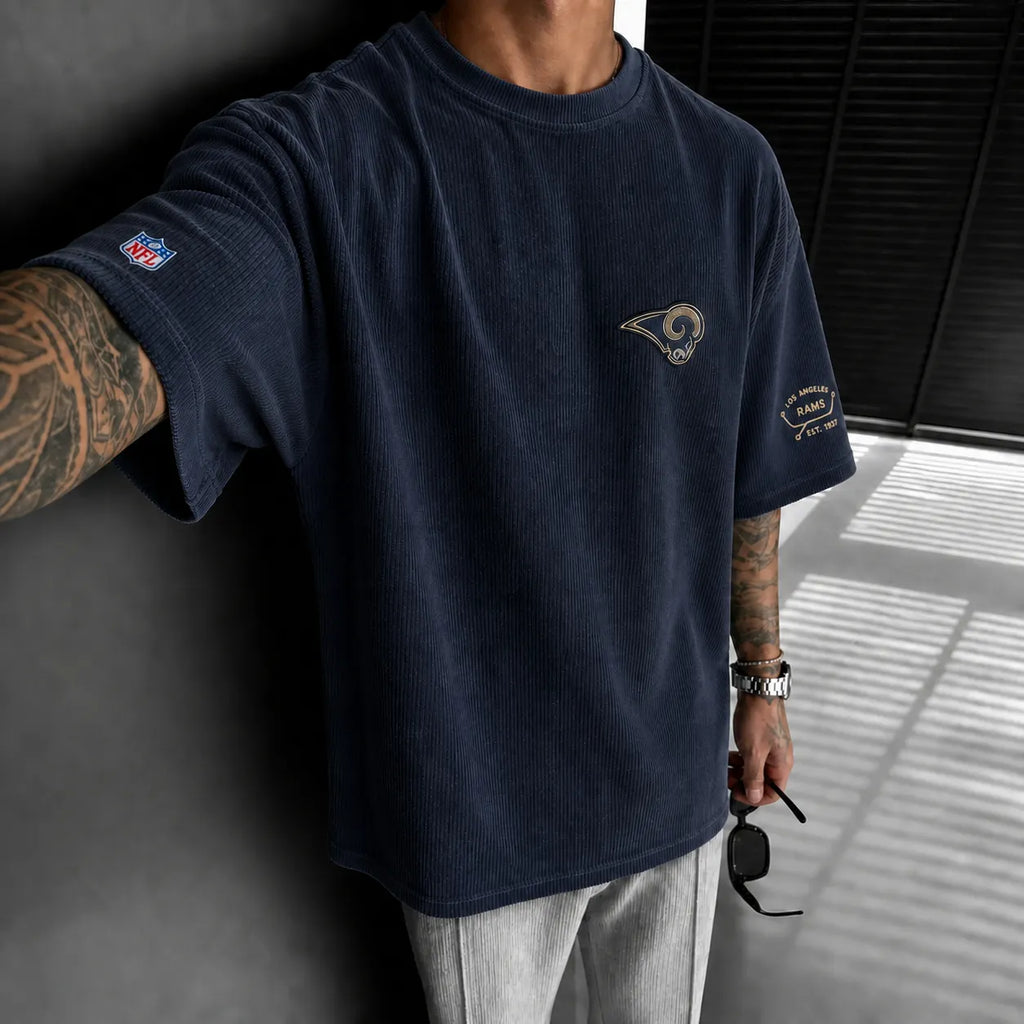 Unisex Rugby Print Loose-Fit Vertical-Stripe Short-Sleeve T-Shirt