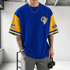 Unisex Loose-Fit Vertical-Stripe Short-Sleeve T-Shirt With Rugby Print
