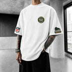 Unisex Loose-Fit Vertical-Stripe Short-Sleeve T-Shirt With Rugby Print