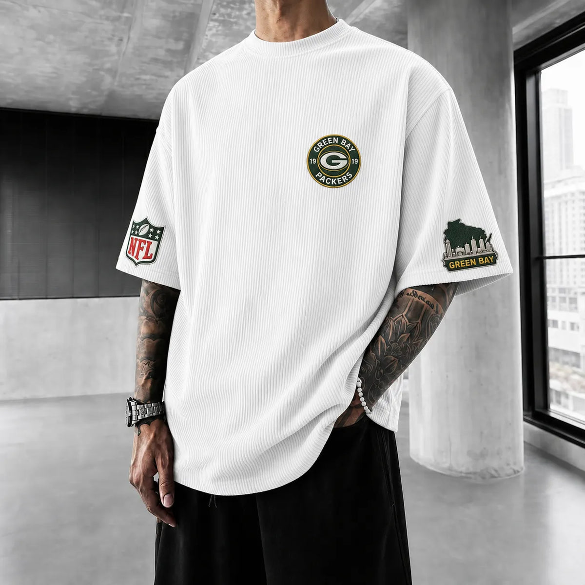 Unisex Loose-Fit Vertical-Stripe Short-Sleeve T-Shirt With Rugby Print