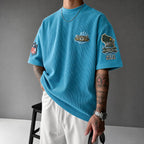Unisex Loose-Fit Vertical-Stripe Short-Sleeve T-Shirt With Rugby Print