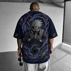 Unisex Oversized Anime-Print Vertical-Stripe Short-Sleeve T-Shirt