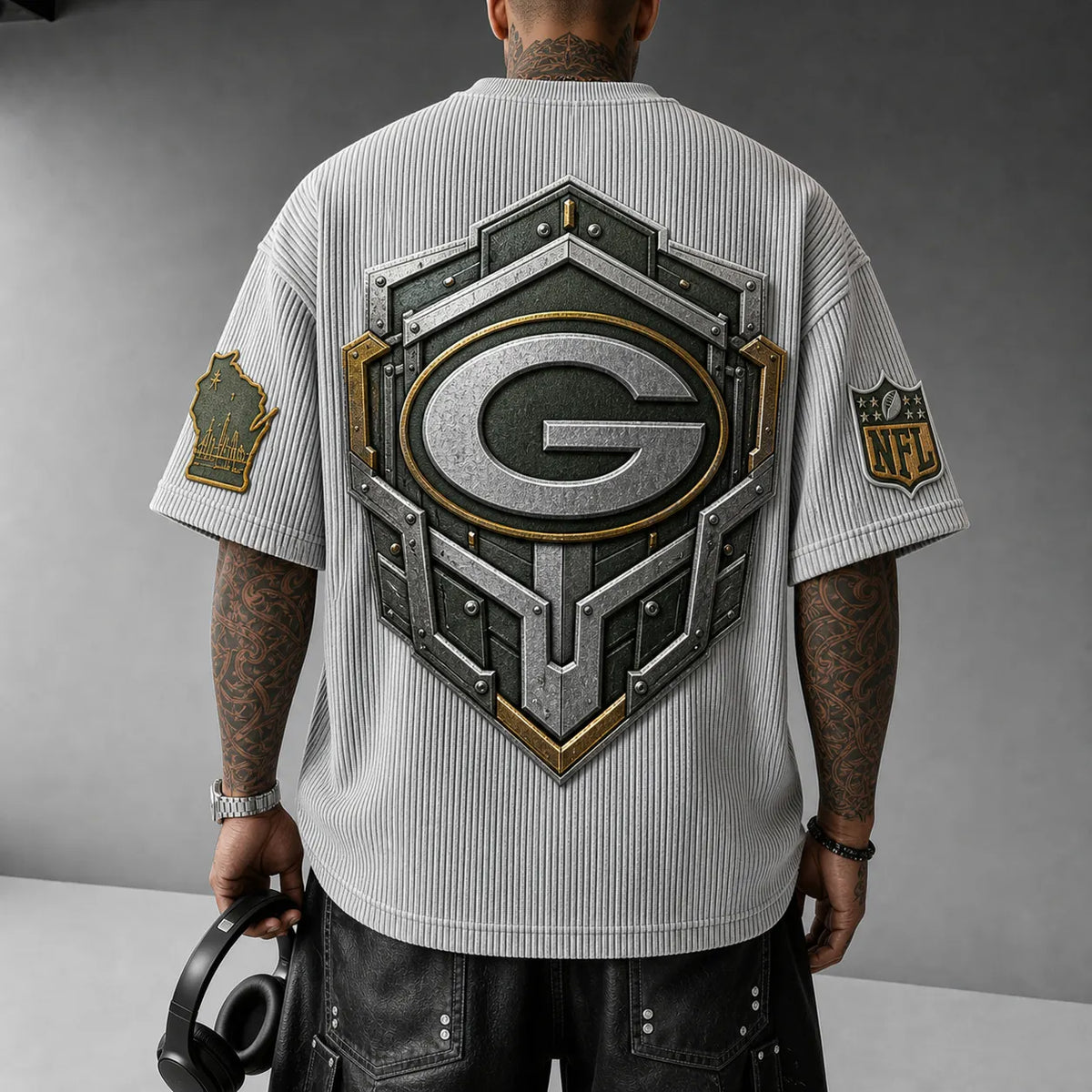 Unisex Loose-Fit Vertical-Stripe Short-Sleeve T-Shirt With Rugby Print