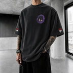 Unisex Oversized Anime-Print Vertical-Stripe Short-Sleeve T-Shirt