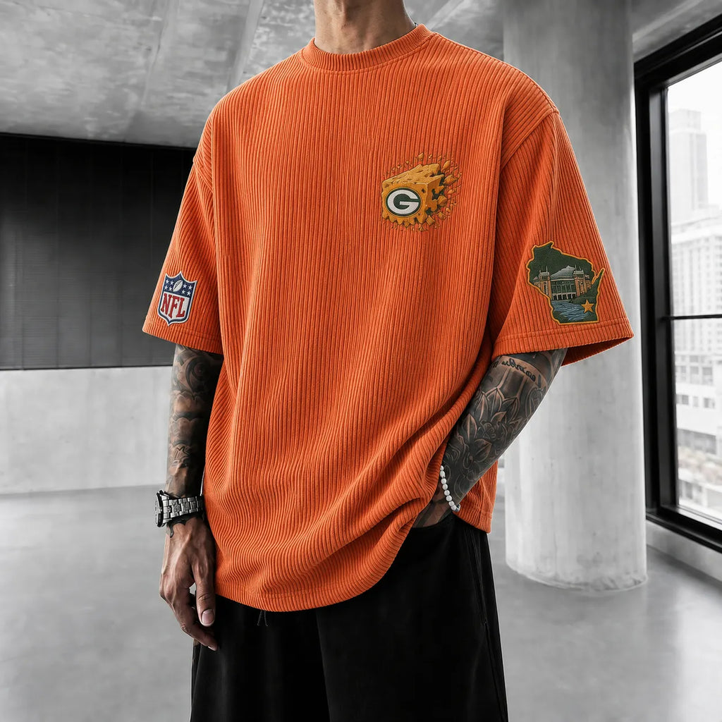 Unisex Loose-Fit Vertical-Stripe Short-Sleeve T-Shirt With Rugby Print
