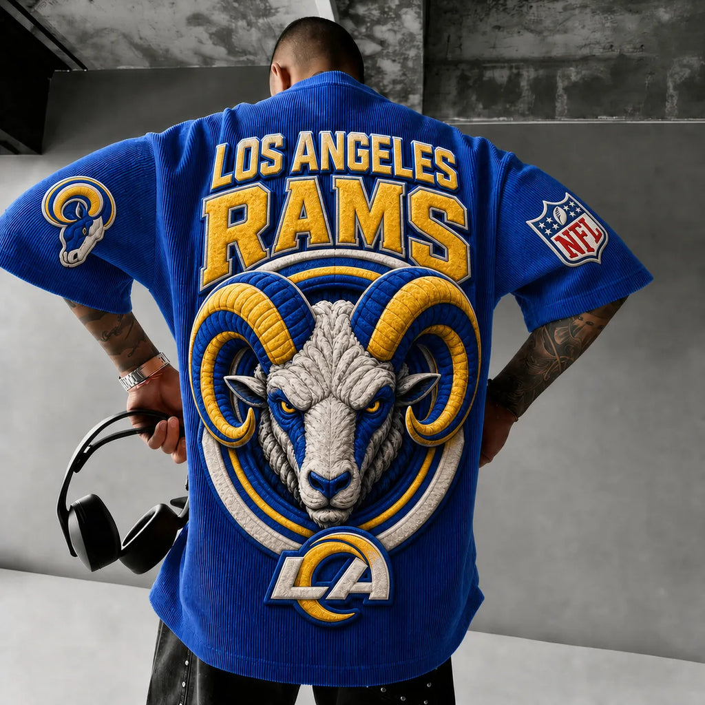 Unisex Loose-Fit Vertical-Stripe Short-Sleeve T-Shirt With Rugby Print