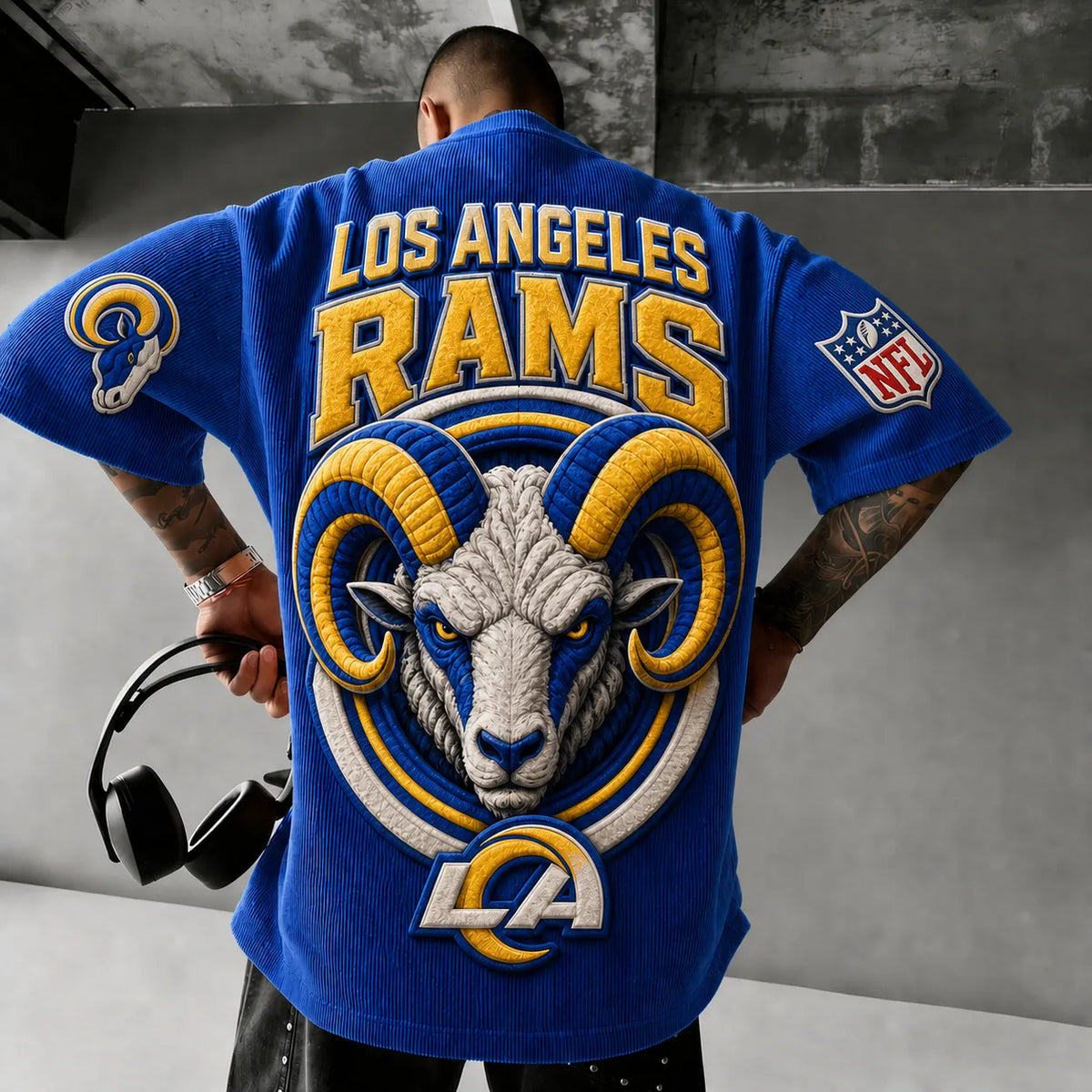 Unisex Loose-Fit Vertical-Stripe Short-Sleeve T-Shirt With Rugby Print