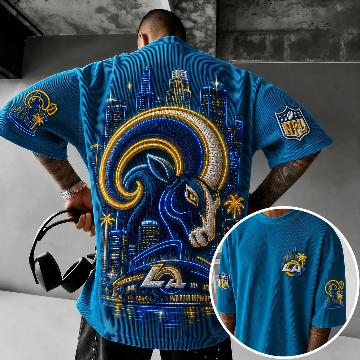 Unisex Loose-Fit Vertical-Stripe Short-Sleeve T-Shirt With Rugby Print
