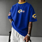 Unisex Rugby Print Loose-Fit Vertical-Stripe Short-Sleeve T-Shirt