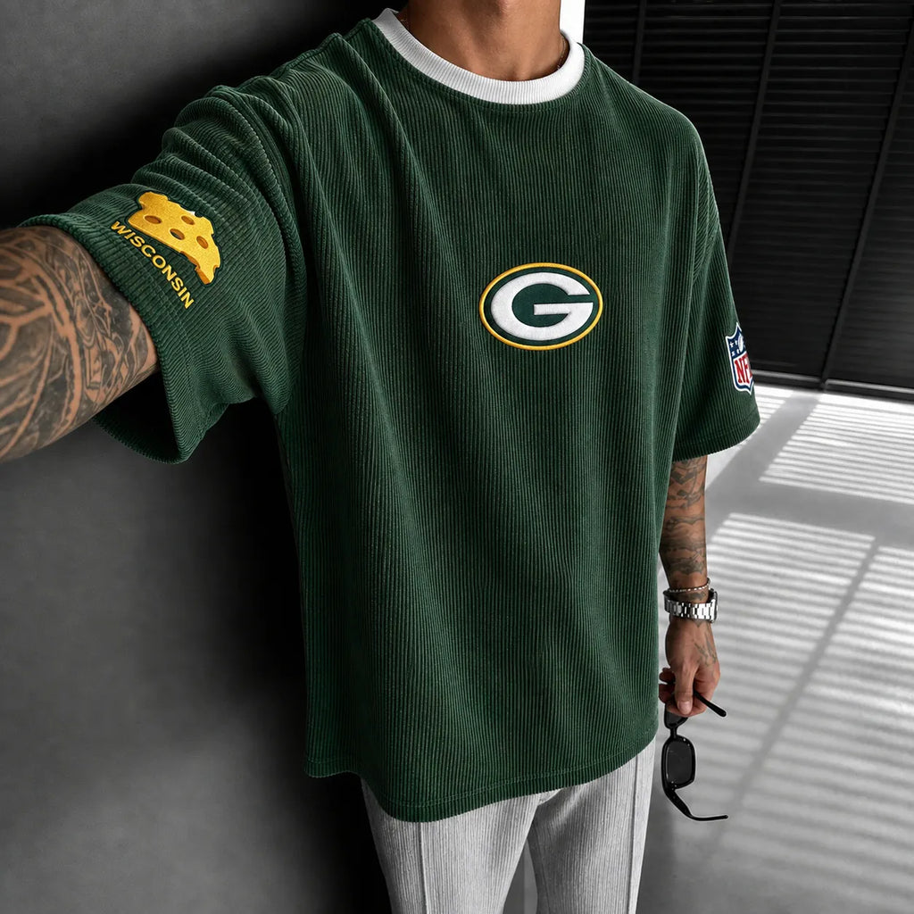 Unisex Loose-Fit Vertical-Stripe Short-Sleeve T-Shirt With Rugby Print