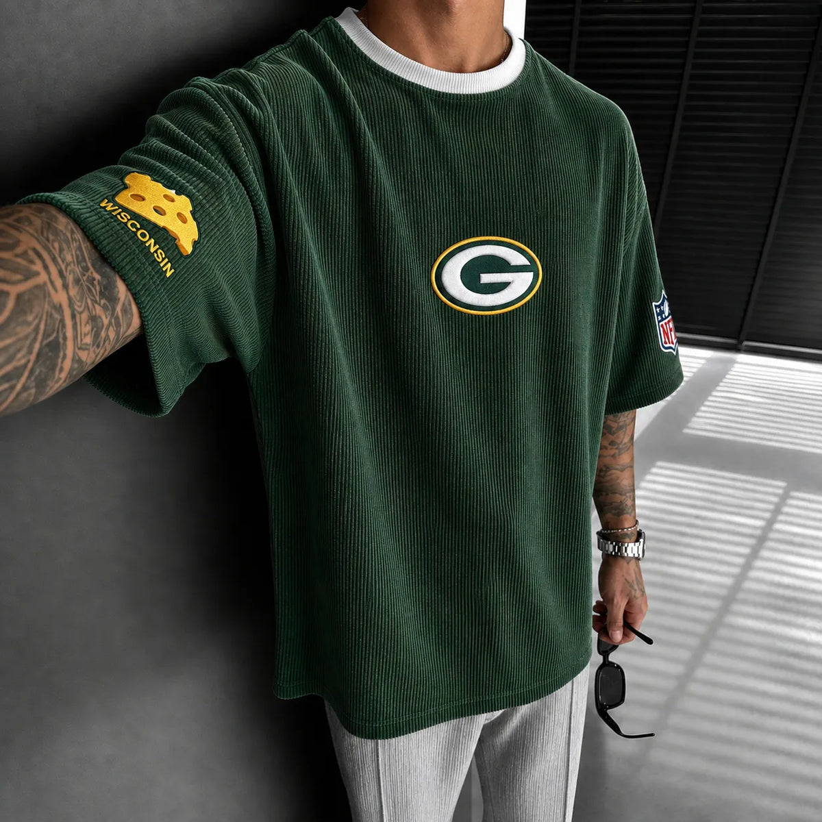Unisex Loose-Fit Vertical-Stripe Short-Sleeve T-Shirt With Rugby Print
