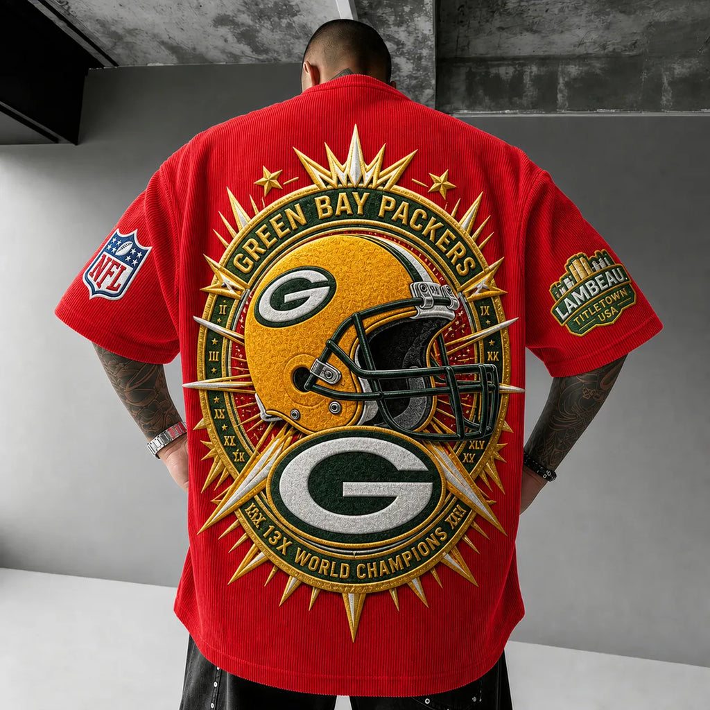 Unisex Loose-Fit Vertical-Stripe Short-Sleeve T-Shirt With Rugby Print