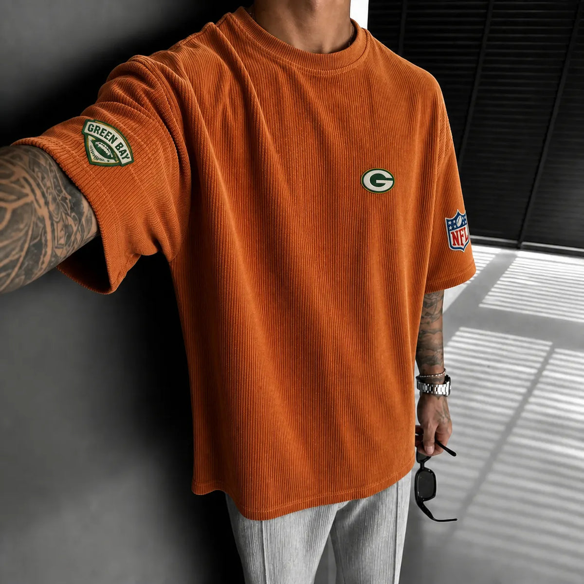 Unisex Loose-Fit Vertical-Stripe Short-Sleeve T-Shirt With Rugby Print