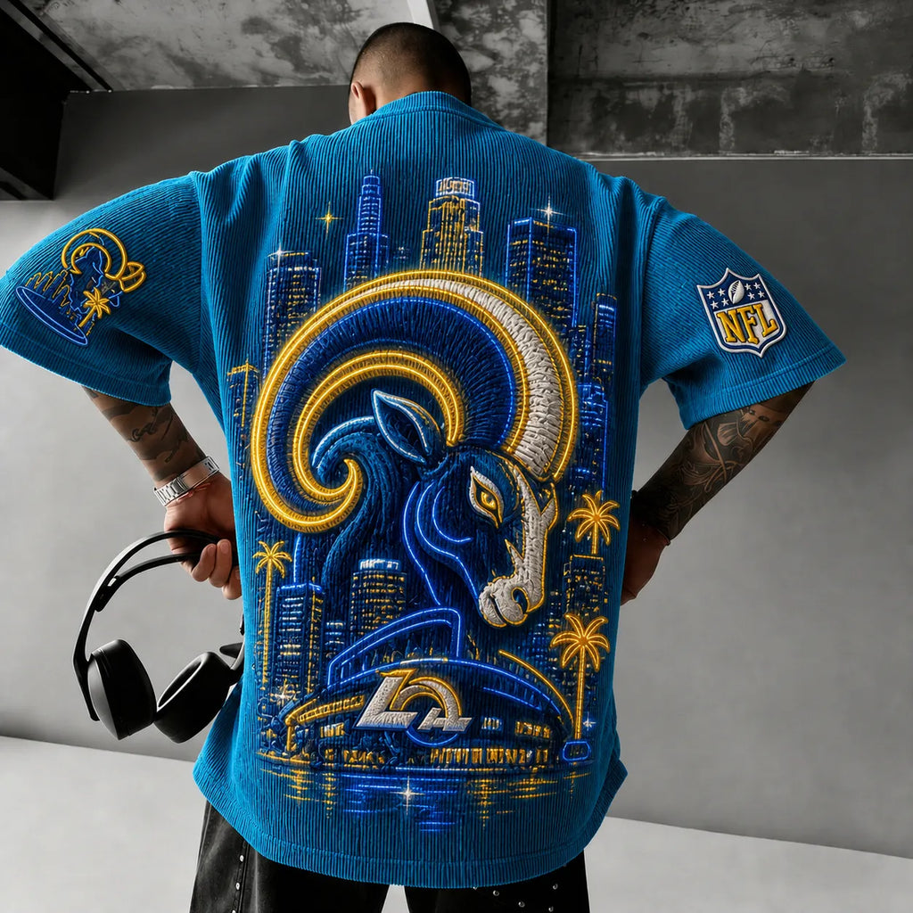 Unisex Loose-Fit Vertical-Stripe Short-Sleeve T-Shirt With Rugby Print