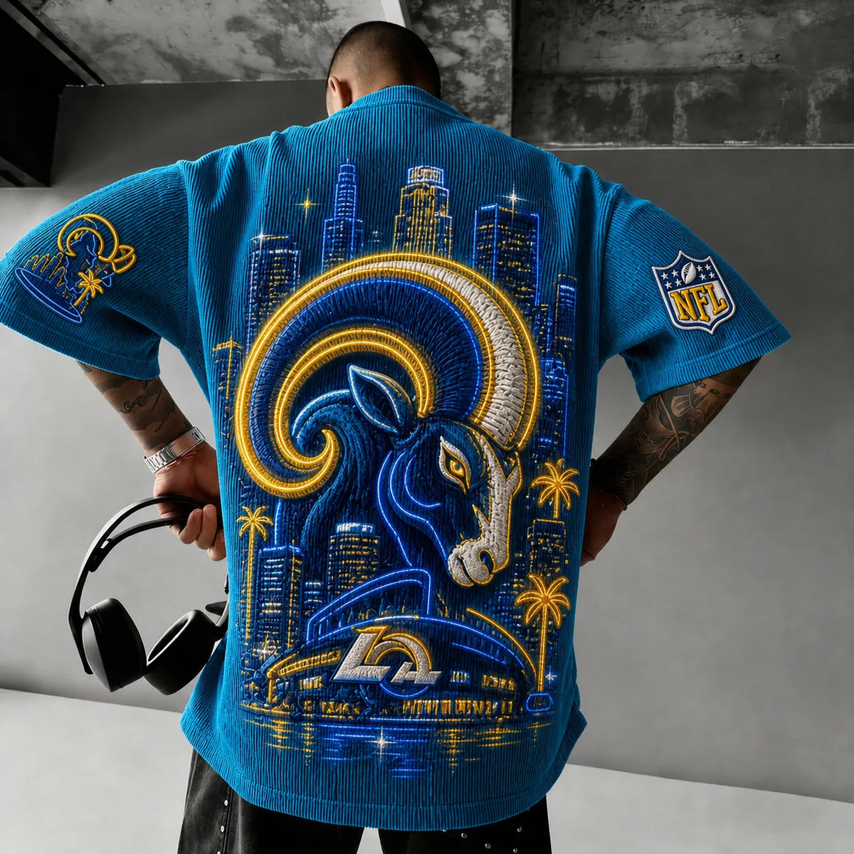 Unisex Loose-Fit Vertical-Stripe Short-Sleeve T-Shirt With Rugby Print