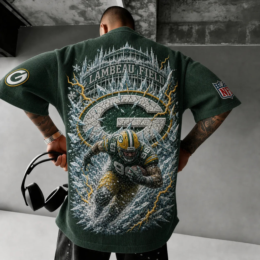 Unisex Loose-Fit Vertical-Stripe Short-Sleeve T-Shirt With Rugby Print