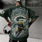 Unisex Loose-Fit Vertical-Stripe Short-Sleeve T-Shirt With Rugby Print