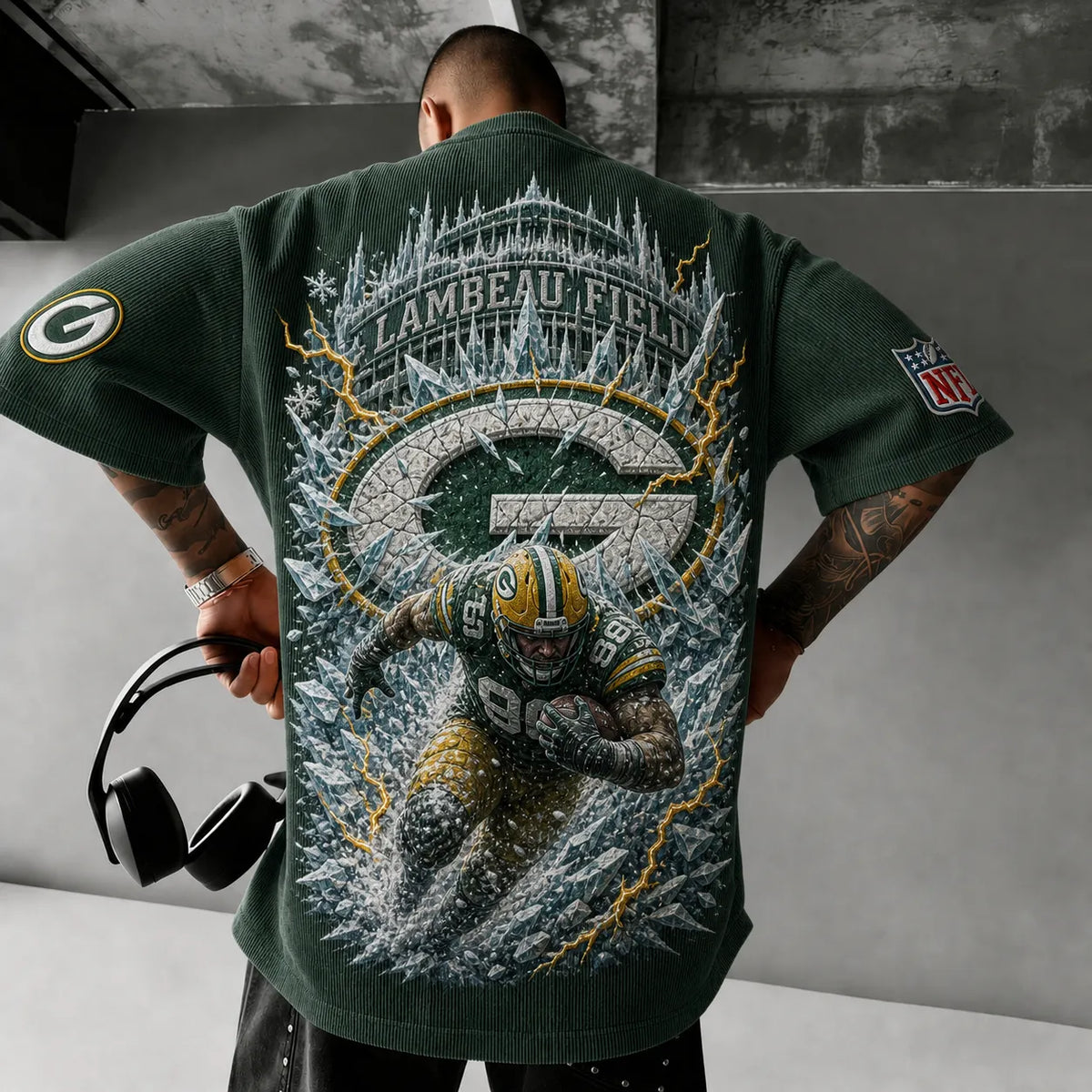Unisex Loose-Fit Vertical-Stripe Short-Sleeve T-Shirt With Rugby Print