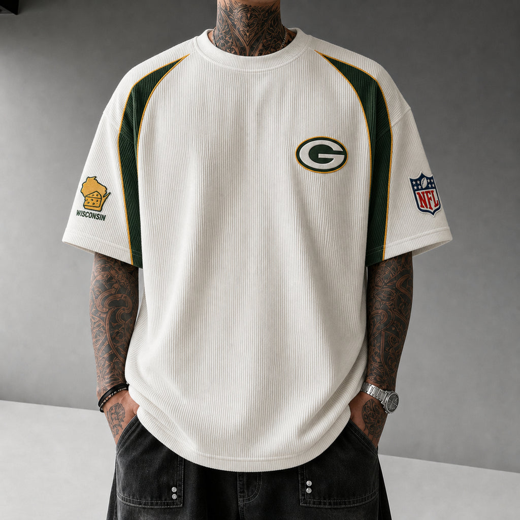 Unisex Loose-Fit Vertical-Stripe Short-Sleeve T-Shirt With Rugby Print