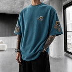 Unisex Loose-Fit Vertical-Stripe Short-Sleeve T-Shirt With Rugby Print