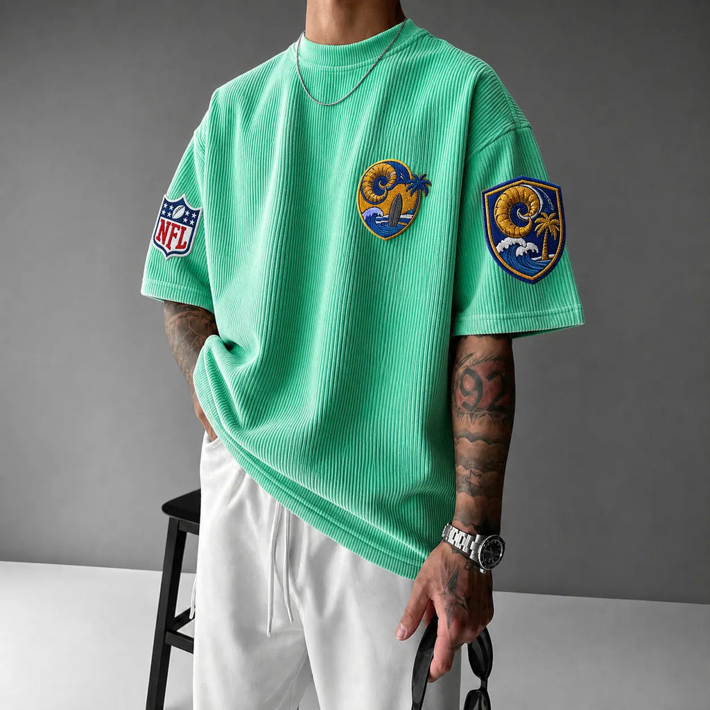 Unisex Loose-Fit Vertical-Stripe Short-Sleeve T-Shirt With Rugby Print